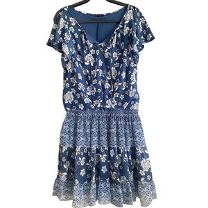 JBS Blue Floral Short Sleeve Split Neck Mini Dress. Size 10.